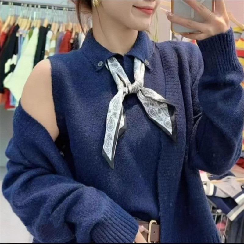 Silk Scarf Tie-up Button Lapel Pullover Knitted Cardigan Women's Autumn New Loose Age-reducing Sleeveless Vest Two-piece Set