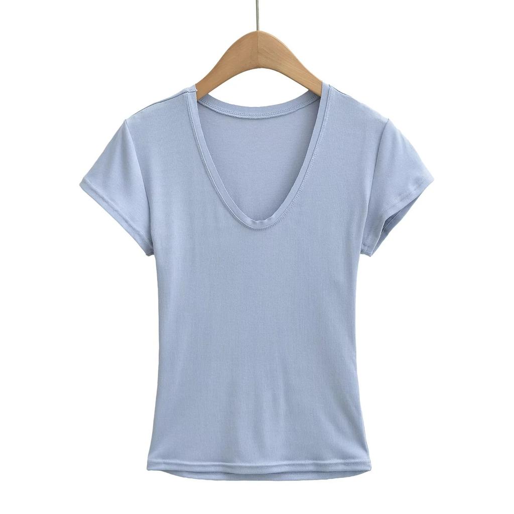 T-Shirt mit tiefem V-Ausschnitt, schulterfrei, kurzärmelig, Damen Sommer Neu, Amerikanischer Spice Girl Stil, einfarbig, figurbetont und dünn, Unterzieb-Top