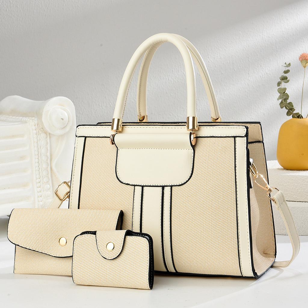 New High Appearance Horizontal Splicing Bag Three-piece Canvas Texture Handbag Leisure Large Capacity Single Shoulder Crossbody Bag