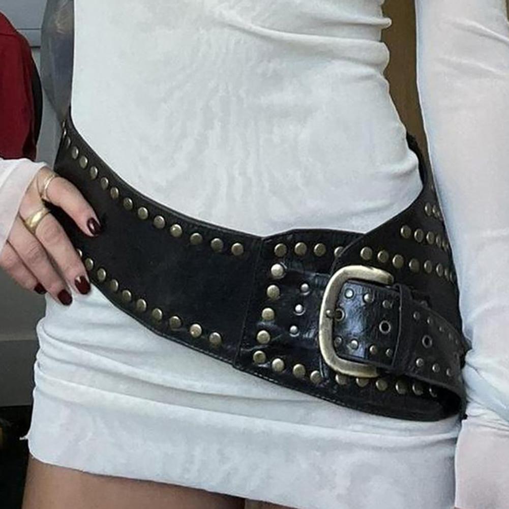 Women Belt Retro Trendy Leather Rivet Trim Wide Belt Casual Dress Decoration For Party Birthday Gifts Men