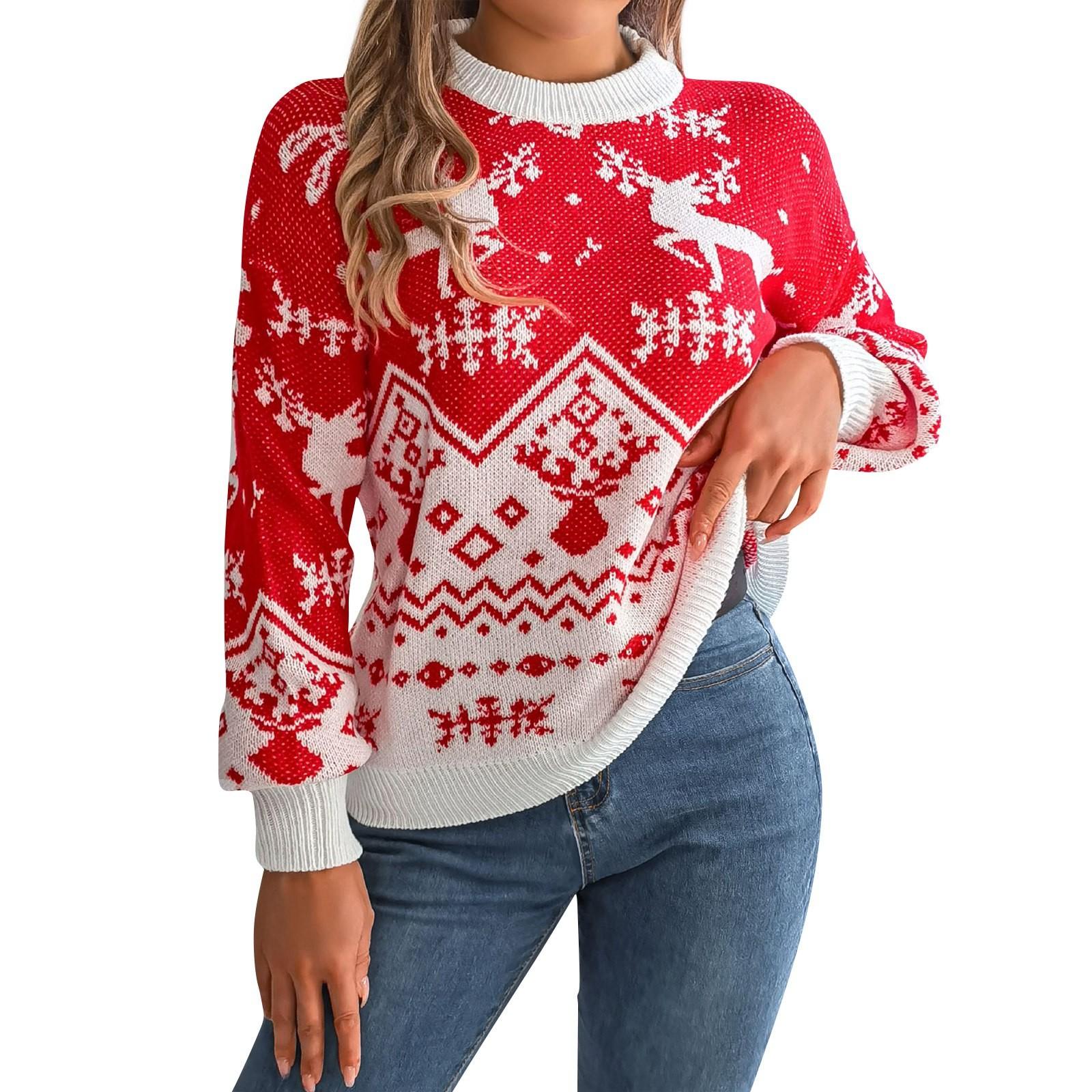 

Женская мода повседневный свободный свитер с рисунком рождественского оленя контрастного цвета с длинным рукавом пуловер топ S красный