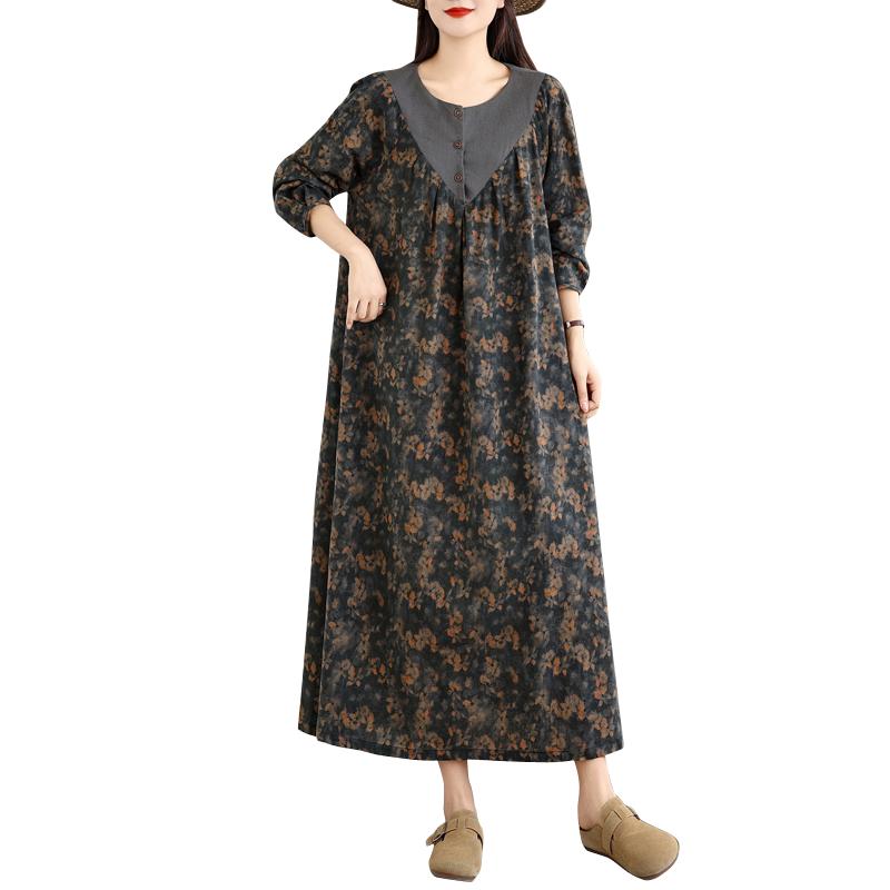 DIMANAF Women Plus Size Autumn Long Sleeve Vintage Dress Floral Loose Casual Oversize Maxi Cotton Linen Dress 2025
