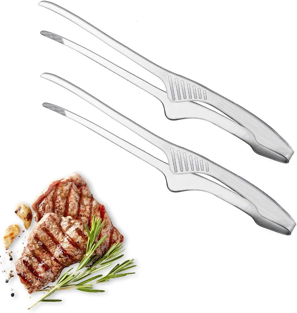 2 Pieces Stainless Steel Grill Tongs for Korean and Japanese BBQ Clean & Convenient Use,Non-Slip Serrated Tips,Ideal for Cooking Self-Standing Tongs
