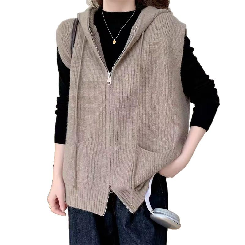 Women's Loose Knit Vest Cardigan with Hood and Zipper Pockets for Autumn/Winter