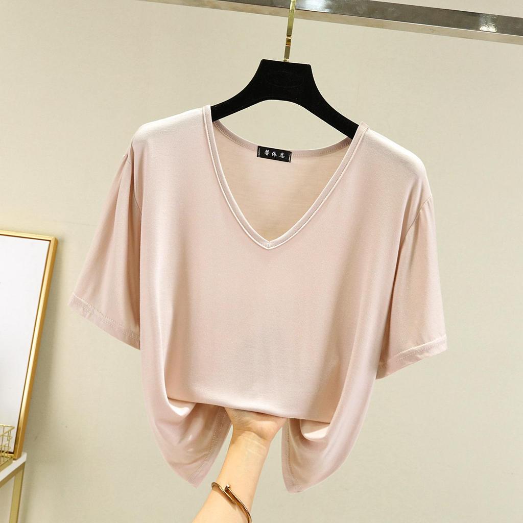 Damen T-Shirt Modal V-Ausschnitt Kurze Ärmel Tops Sommer Lässige T-Shirts Einfarbige Lockere Basic Unterhemden