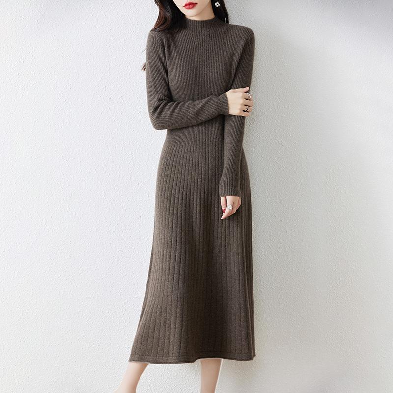 LYRIA New Women Mock Collar Dress 100% Merino Wool Pullover Skirt Autumn Winter Knitted Long Sweater Female Chic Fishtail Dress