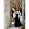 Kumikumi Graceful Flower Lace Tie Shirts Women Autumn Stacked Black Vest Dress