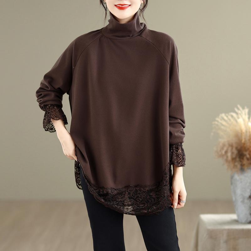 DIMANAF 2025 Женские пуловеры больших размеров, женские водолазки, вязаное кружево, осень-зима, свободные топы с длинными рукавами, рубашки one size коричневый