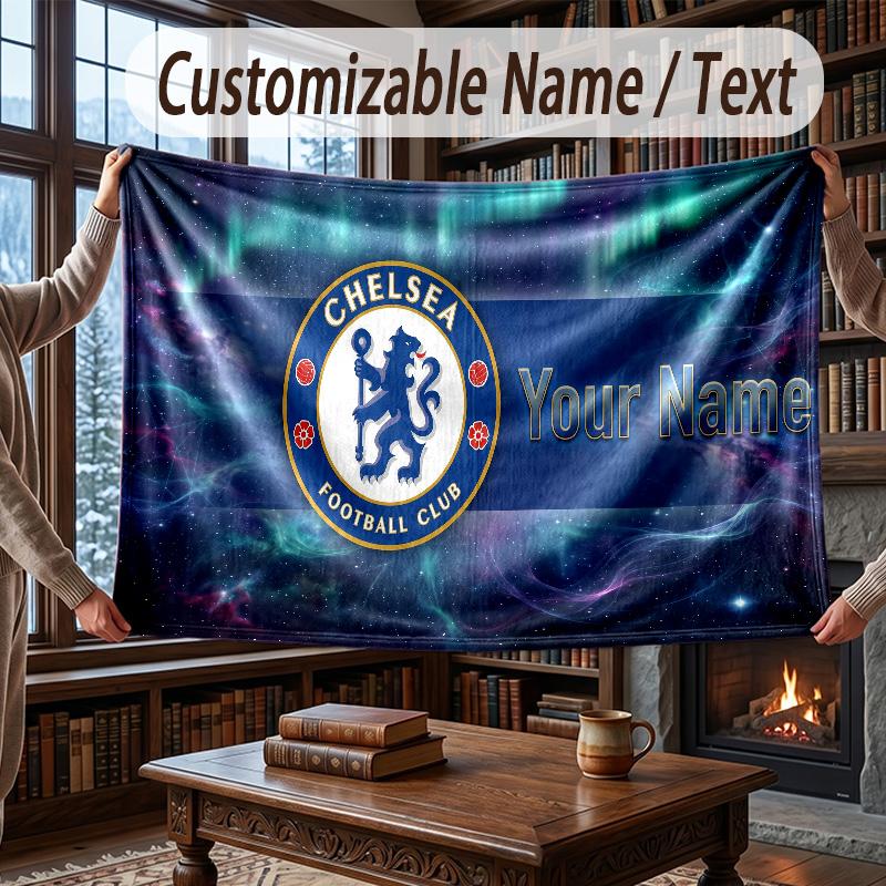 Custom Name Flannel Throw Blanket Chelsea FC Pattern Warm Home Decoration