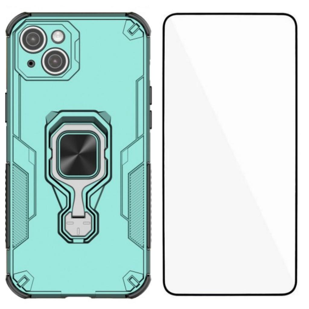 For iPhone 14 Phone Case WANLONFENG PC TPU Back Cover Kickstand with Tempered Glass