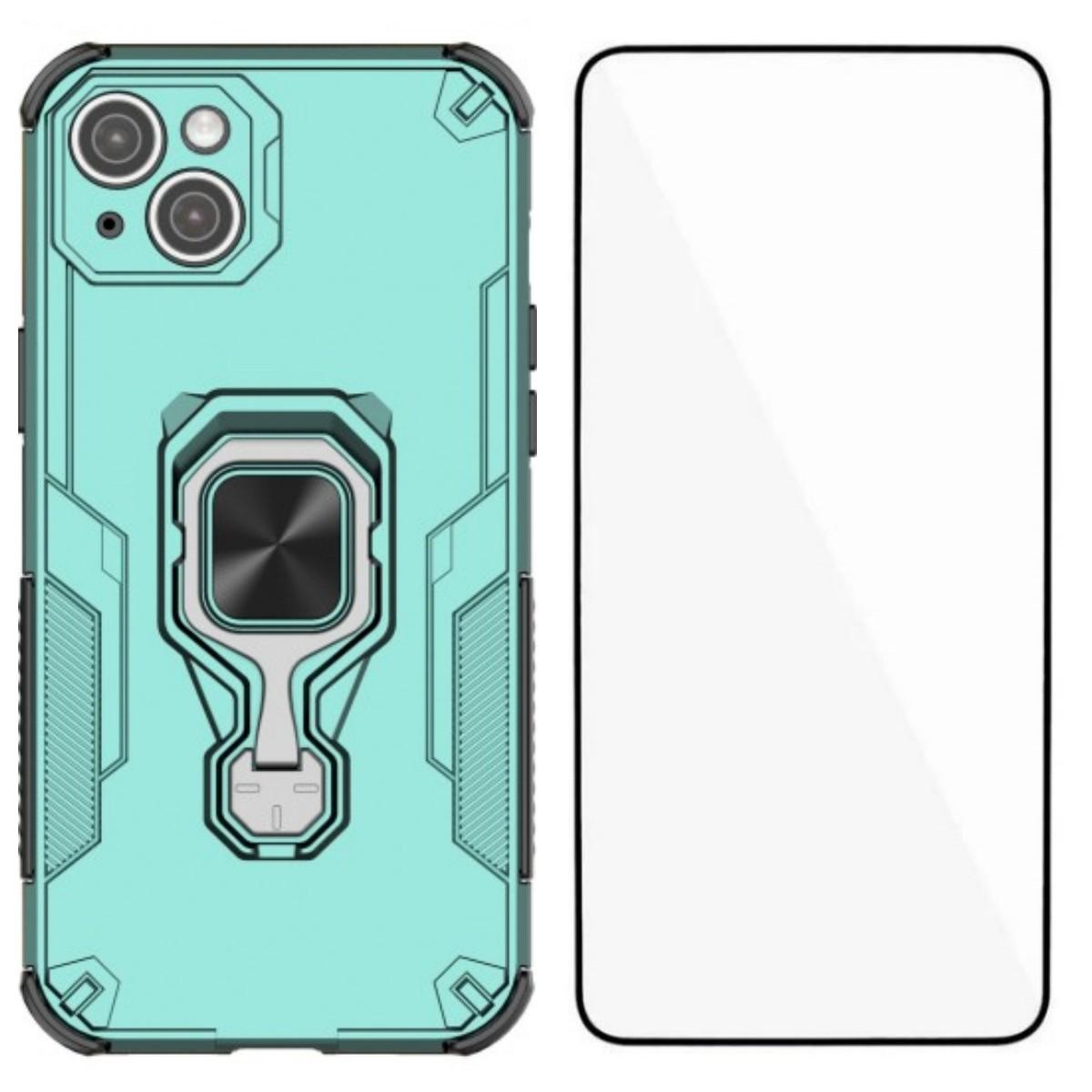 

For iPhone 15 Plus Phone Case WANLONFENG PC TPU Back Cover Kickstand with Tempered Glass Green