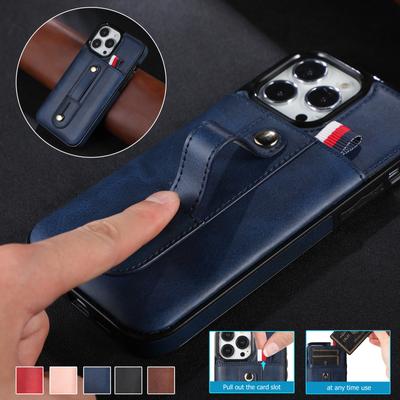 Bilek Kayışı ve Sürgülü Kart Yuvası ile Deri Cüzdan Kılıf iPhone 15 14 13 12 11 Pro Max XS MAX XR Samsung S23 S22 S21 Ultra Plus A14 A13 A53 A54