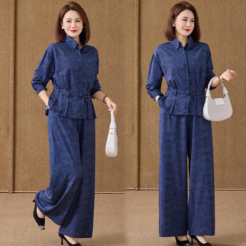 

Fashionable Women s Two-Piece Set: Slimming Long Sleeve Shirt & Wide-Leg Pants - Spring/Summer 2026 Trendy Outfit for Moms XL【80-100 catties】