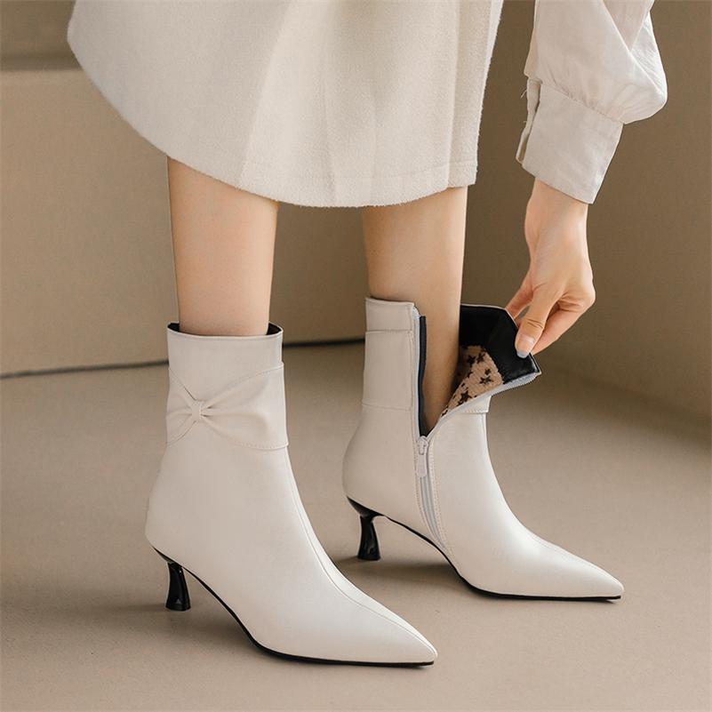 FOREADA Women Ankle Boots Pointed Toe Thin High Heels Pleated Zipper Short Boots Ladies Fashion Shoes Autumn Winter Almond 46