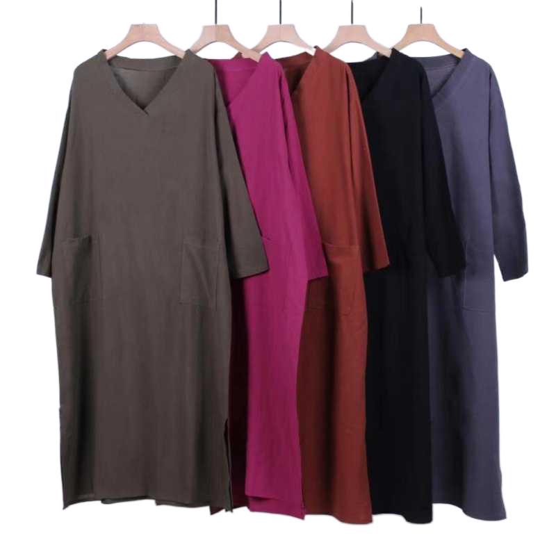 Retro Cotton and Linen V-neck Loose Long Sleeved Dress