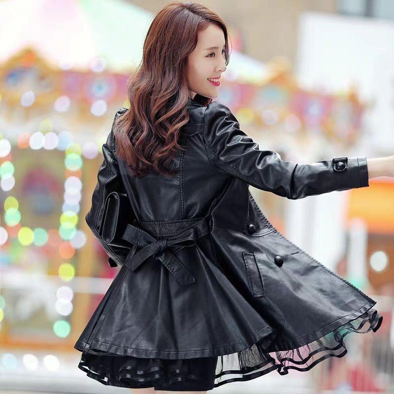 Leather jacket women's medium and long leather jacket leather trench coat autumn and winter women's clothing bubble sleeve design double-breasted