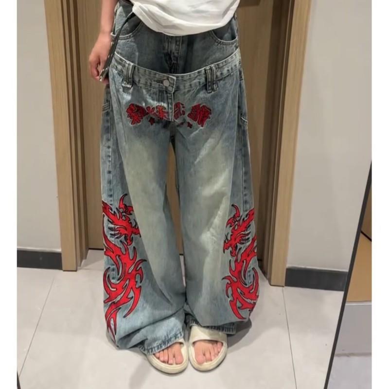 Damskie jeansy z prostą nogawką, luźny krój, vintage, haftowany wzór, średni stan, casualowe, bawełniane spodnie jeansowe
