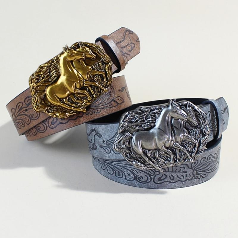 Waist Belt Punk Chain for Cowboy Cowgirl Carved Horse Buckle Retro Floral Buckle Waist Chain Belt