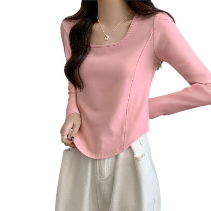 Women's Long Sleeve T-Shirt with Right Shoulder Fishbone Waist Slim Fit Square Neckline and Curved Hem Design Base Layer Top for Autumn and Winter