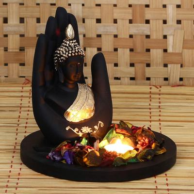Schwarze Goldene Harz Hand Buddha Statue Teelichthalter| Lord Buddha Statue für Wohnzimmer| Gautam Buddha Idol für Heimdeko