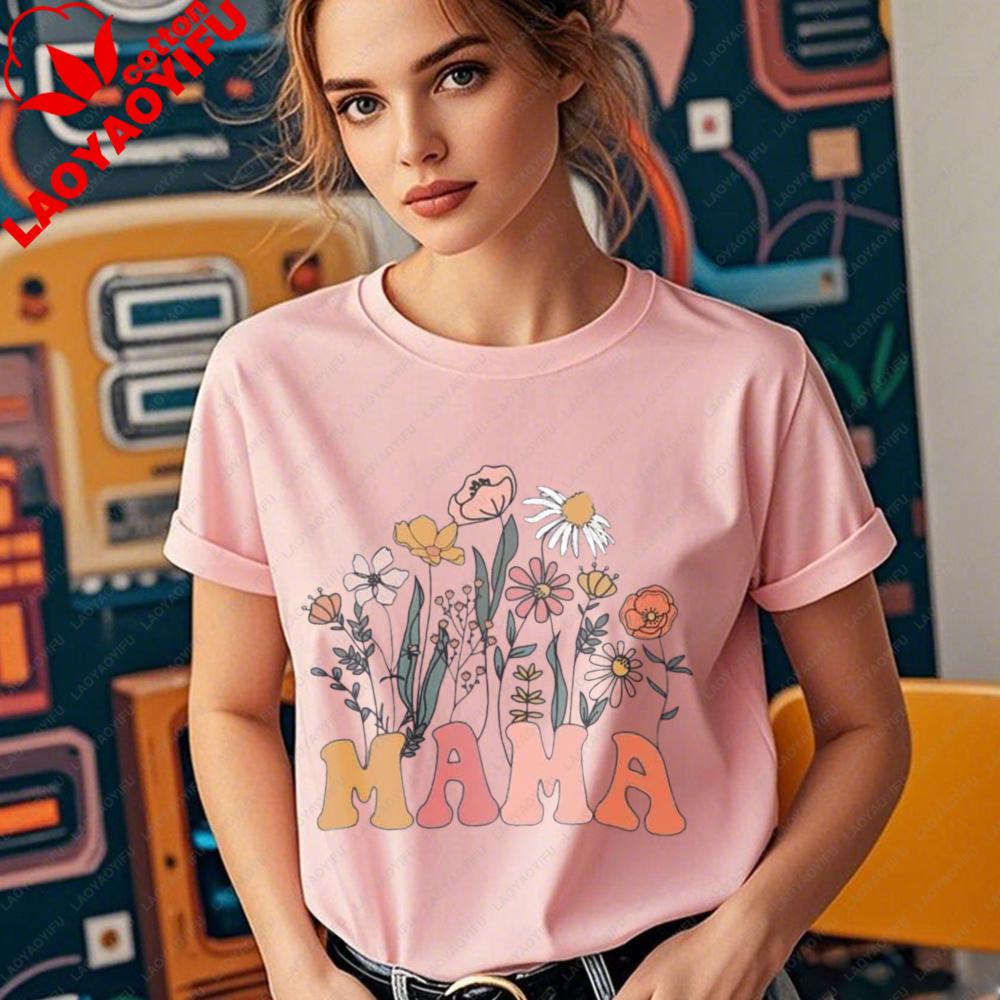 Mama Floral Shirt Women Mom Vintage Boho Wild Flowers Graphic Tshirt Cottagecore Gardening Tops Mothers Day Gift Casual Tee