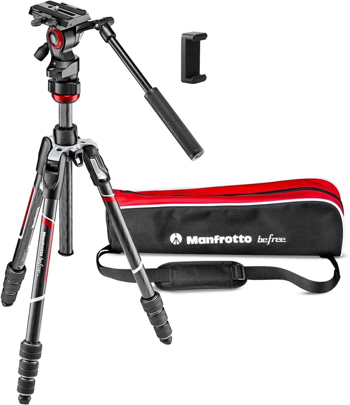 

Manfrotto befree live Carbon T tripod video head 4 twist maximum height storage height weight load capacity carrying case and smartphone clamp ideal чорний