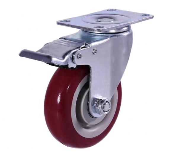 Adjustable 3" 4" 5" Red Universal Industrial Heavy Swivel Casters PU Medium with Brake Rotate Plate Furniture Workshop