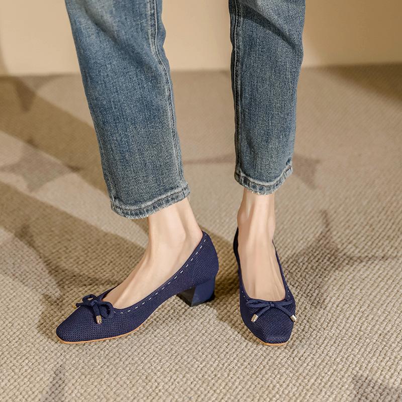 

Джи Боу Летающее Плетение Легкий Дышащий Квадратный Носок Толстый Каблук Высокие Каблуки Женские 40 сапфировый