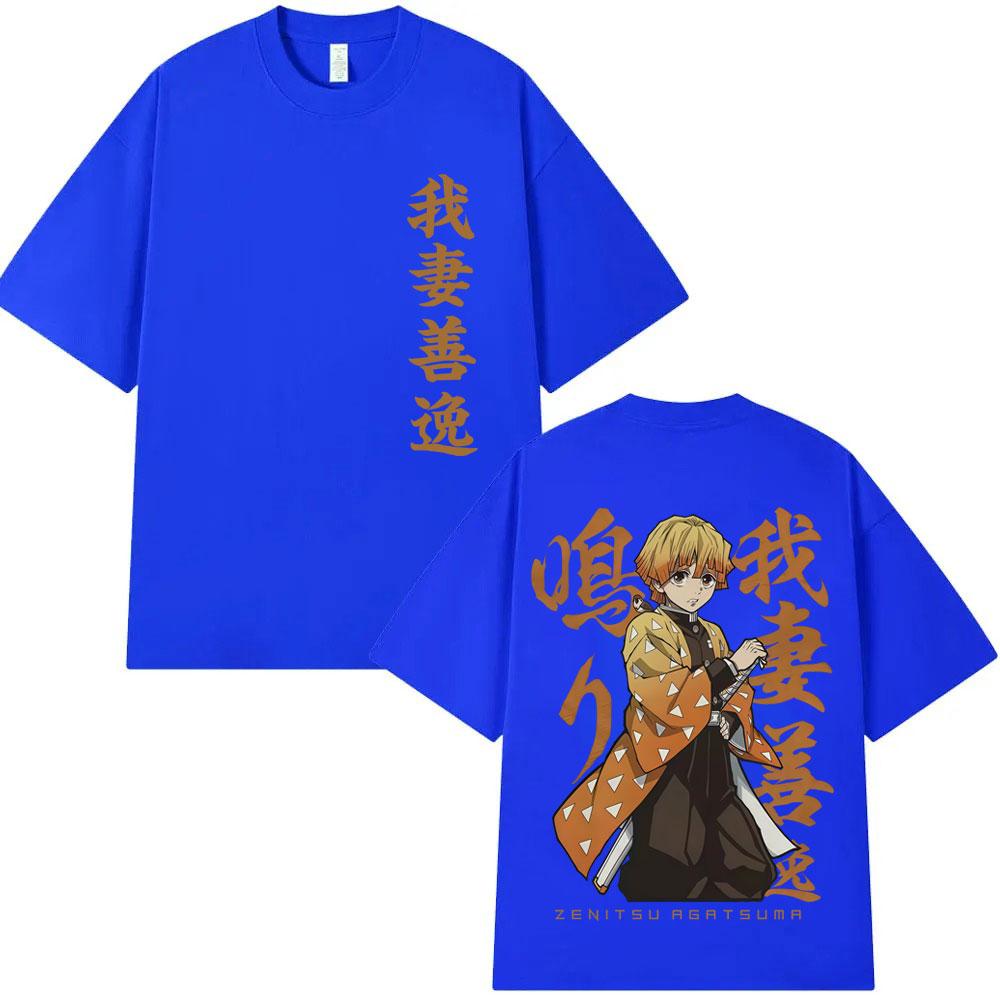 Anime Demon Slayer Agatsuma Zenitsu Double Sided Print T Shirt Men Women Fashion Oversized Short Sleeve Tshirts Male Streetwear
