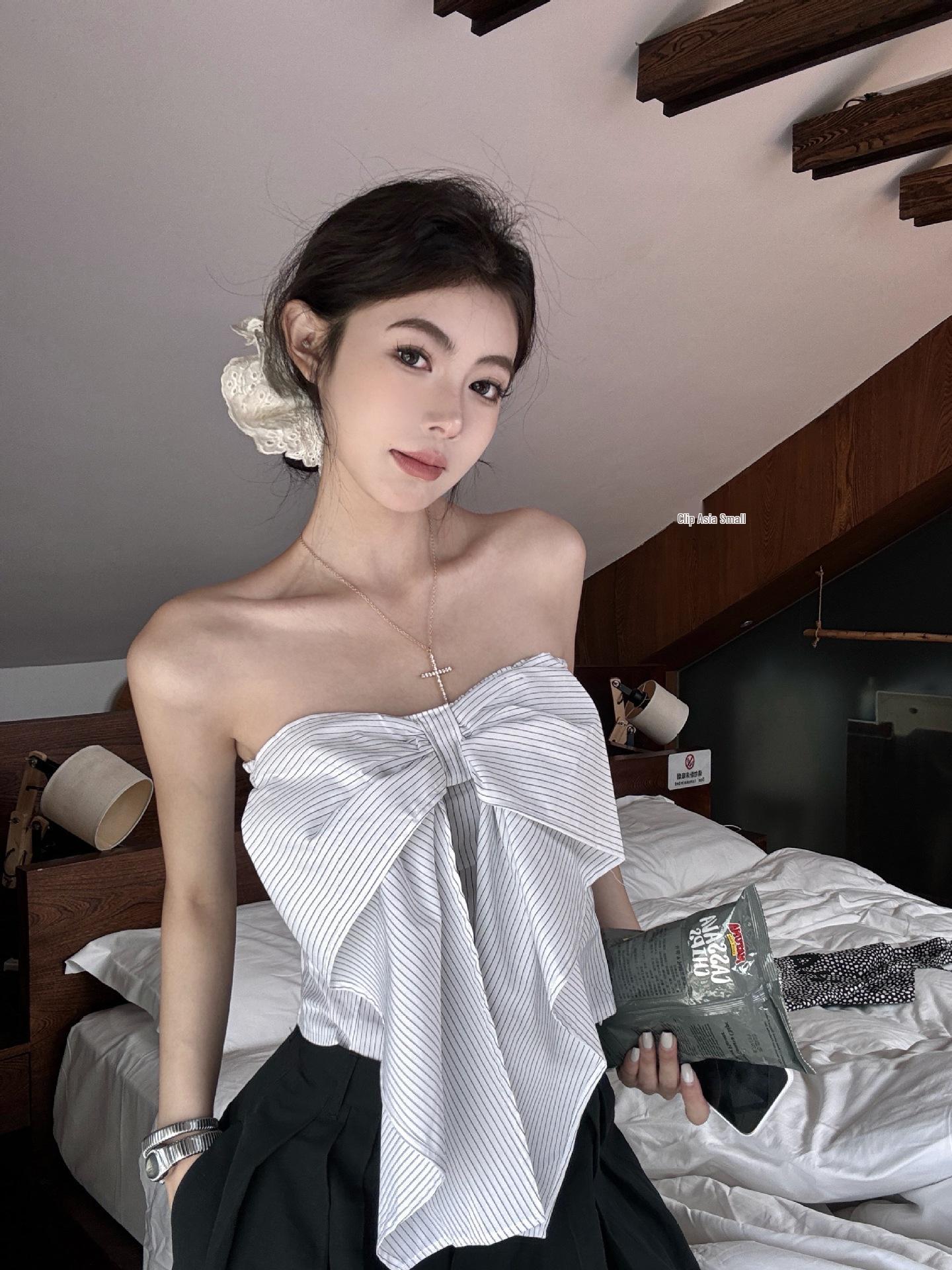 

2025 Women s Summer Bow Stripe Slim Bandeau Sleeveless Backless Top One Size (Premium Version) белый