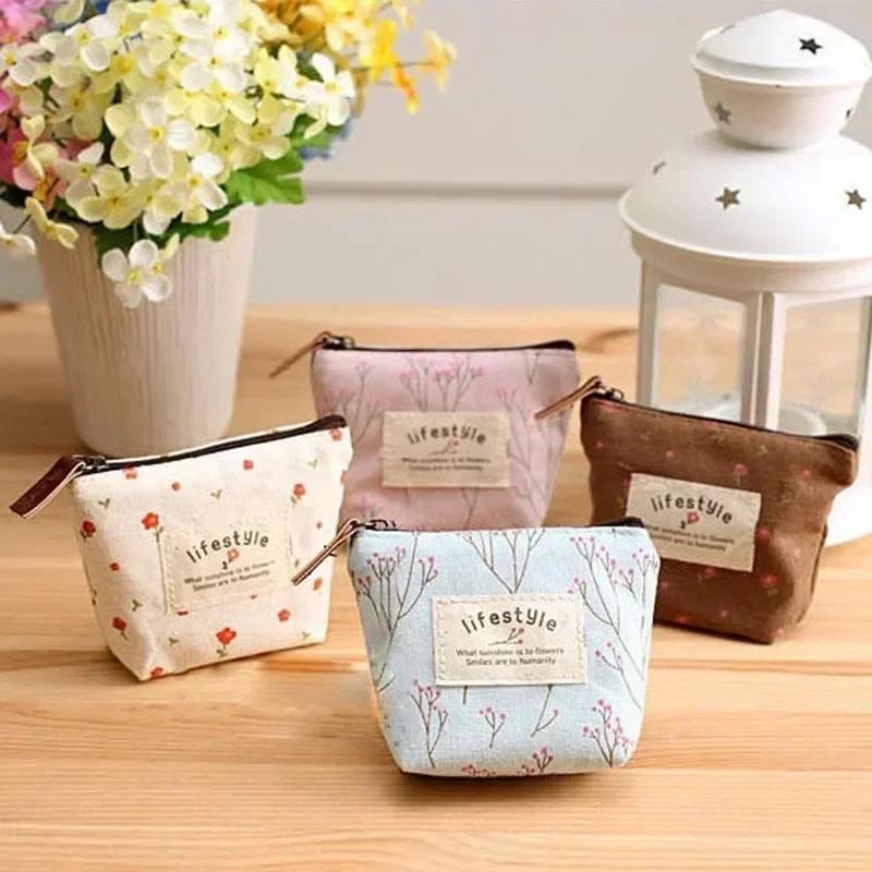 Small Fresh Canvas Coin Wallet, Fashionable Flower Pattern Zipper Bag, Earphone Key Storage Bag, Portable Zero Money Bag