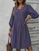 French Style Resort Dress: Spring/Summer 2026, Solid Color, Round Neck, Long Sleeve, Cotton-Polyester Mid-Length.