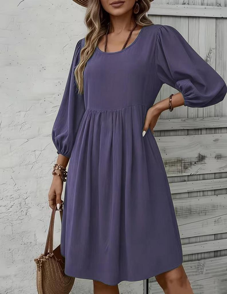 French Style Resort Dress: Spring/Summer 2026, Solid Color, Round Neck, Long Sleeve, Cotton-Polyester Mid-Length.