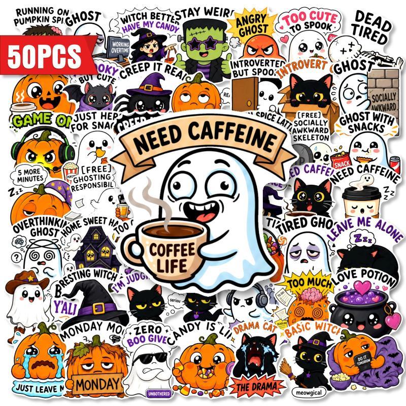 50 Pcs Cute Halloween Cartoon Stickers Ghost Pumpkin Black Cat Funny Waterproof Vinyl Decals For Journal Laptop Phone Case Gift