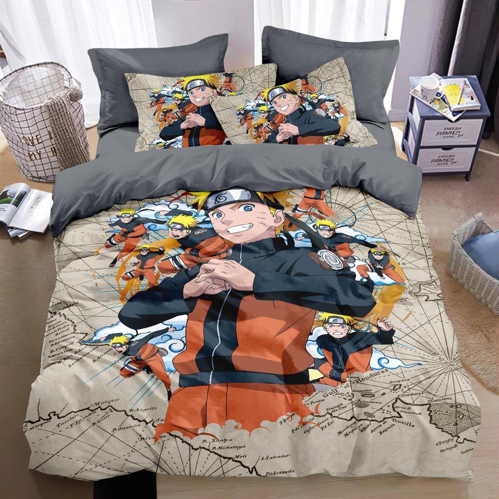 Naruto Cotton Bedding Set: Duvet Cover, Fitted Sheet, Pillowcase for Boys' Dorms