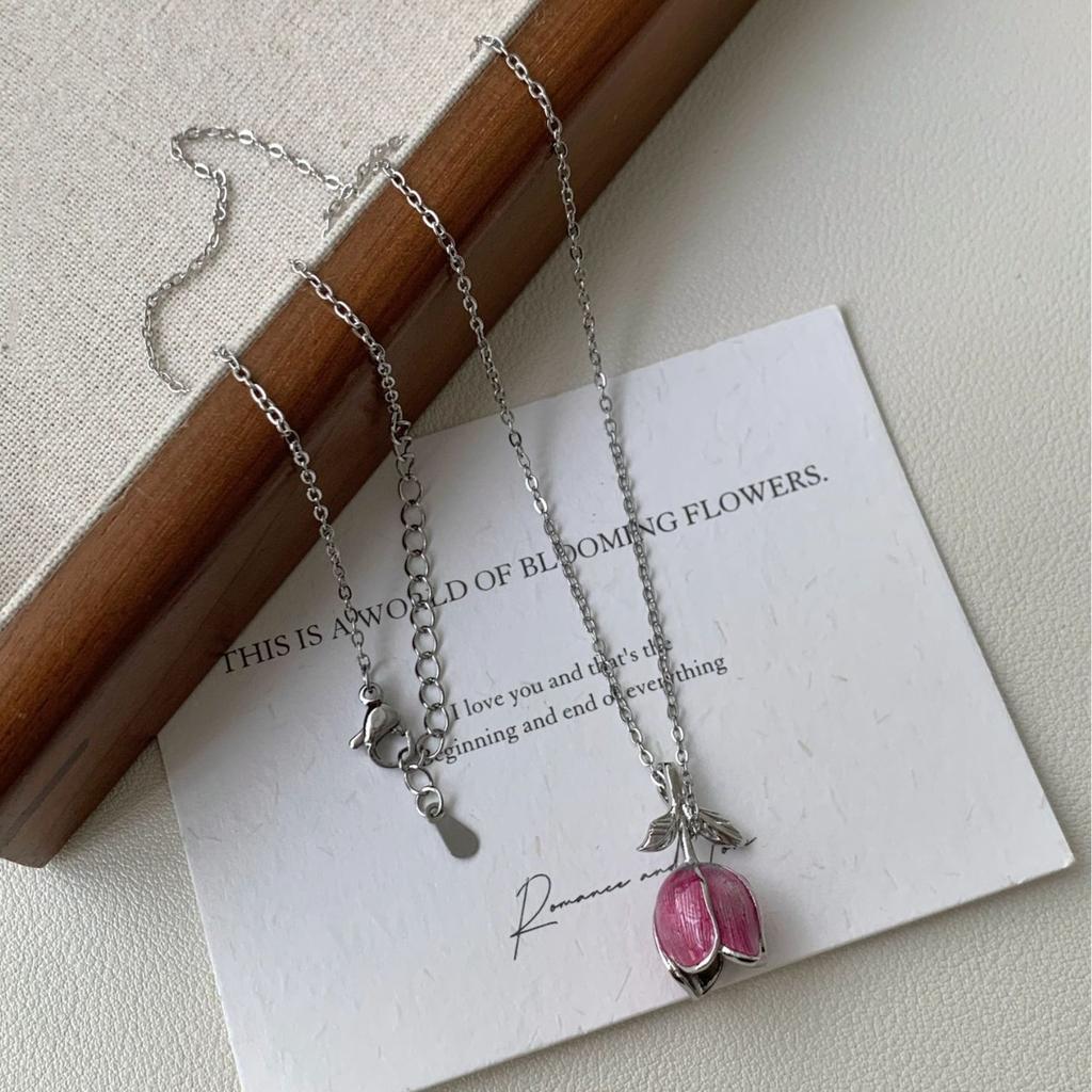 PANJBJ 925 Sterling Silver Flower Tulip Necklace for Women Leaf Drip Glaze Sweet Creativity Jewelry Party Gift Dropshipping