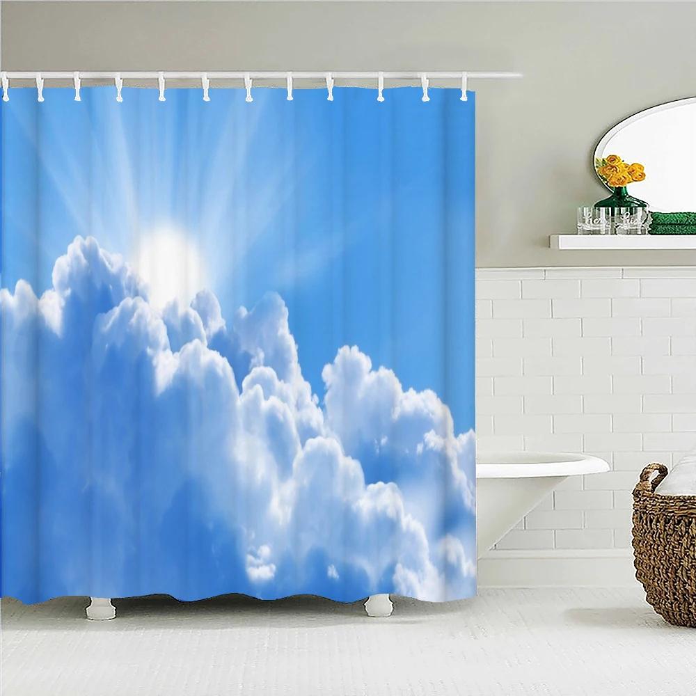 Natural landscape Blue Sky White Clouds Shower Curtains Bathroom Curtain Frabic Waterproof Polyester Bath Curtain with Hooks