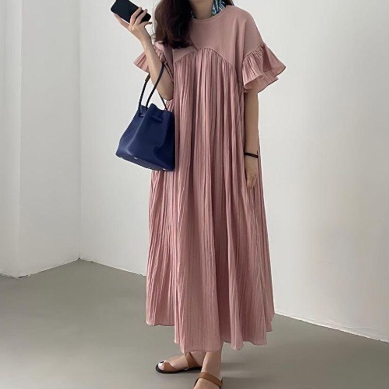 

Japanese and Korean Summer New Fashion round Neck Loose Idle Style Pleat Patchwork Ruffle Sleeve Casual Dress Dress Pink Free size