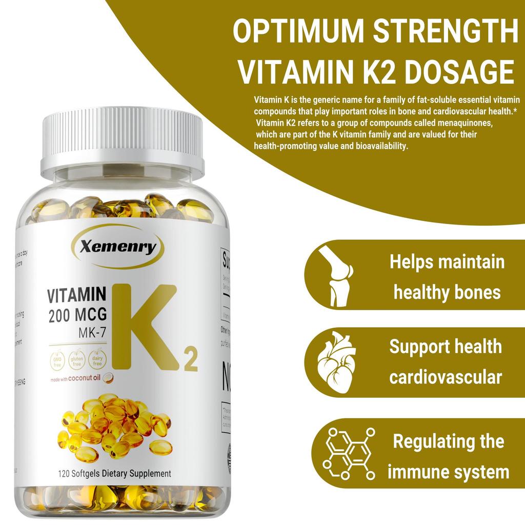 Vitamin K2 200 MCG with MK-7 for Bone and Arterial Health, Brain Health, Cardiovascular Health, Calcium Absorption
