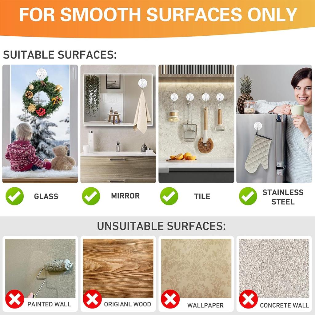 KORCCI Suction Cup Hooks 12Pack - Max Load 10LB, 1.77Inch Clear Medium Suction Cups, No Trace, Reble & Removable, Stainless Steel Hooks, for Tile,