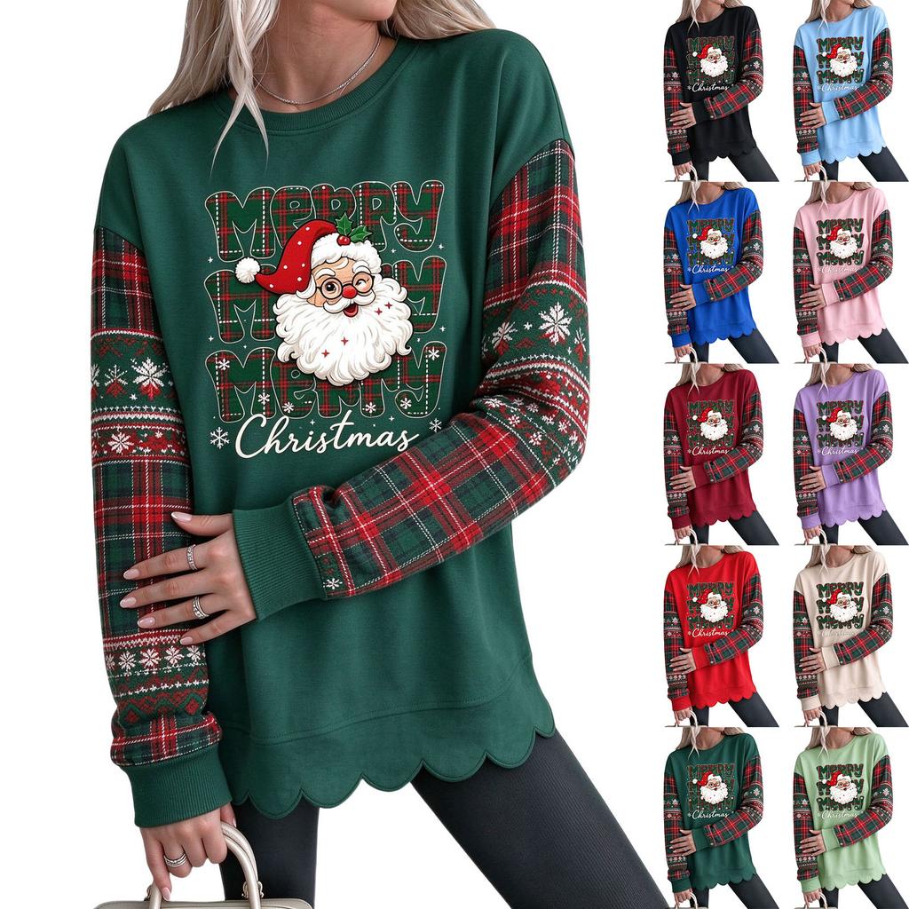 Women's Loose Drop Shoulder Long Sleeve Christmas Print Sweatshirt with Scalloped Wavy Hem Crewneck Pullover