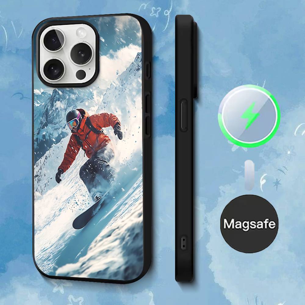 Étui de téléphone Neige Snowboard Ski Pour iPhone 17,16,15,14,13,12,11,Pro,Max,Plus,Mini,SE4,E Magnétique Magsafe Recharge sans fil