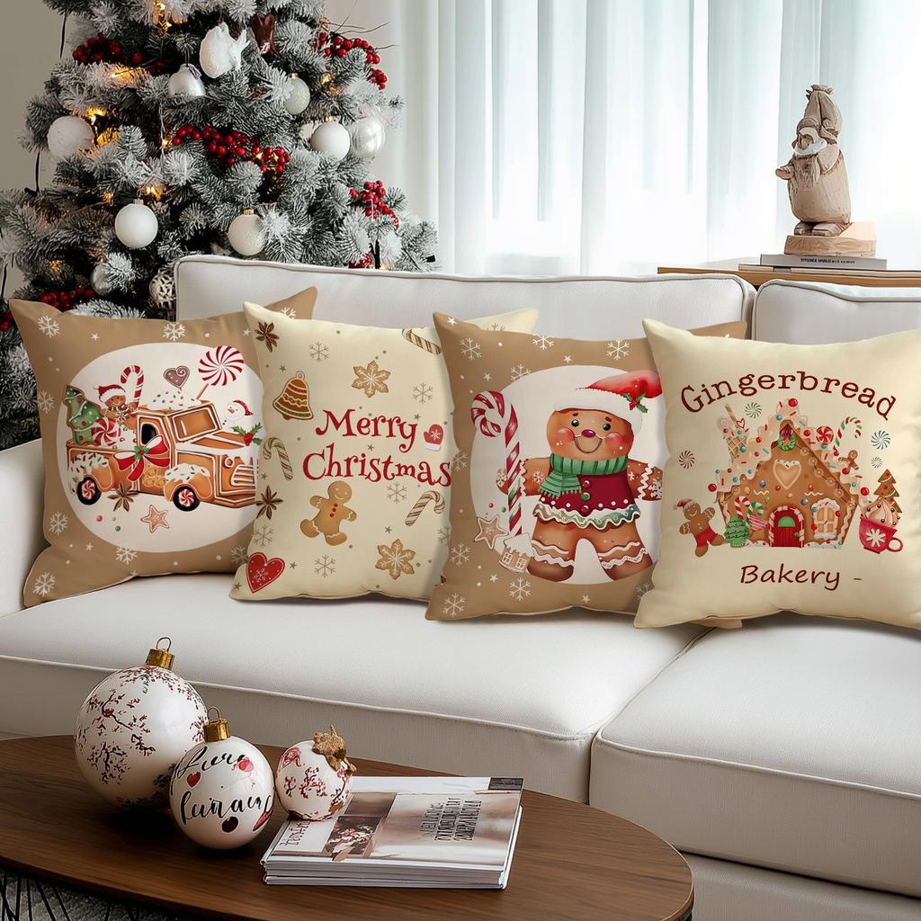 1/4Pcs Khaki Christmas Pillowcases, Candy Gingerbread Bakery Design Cushion Covers, Winter Holiday Home Decorations