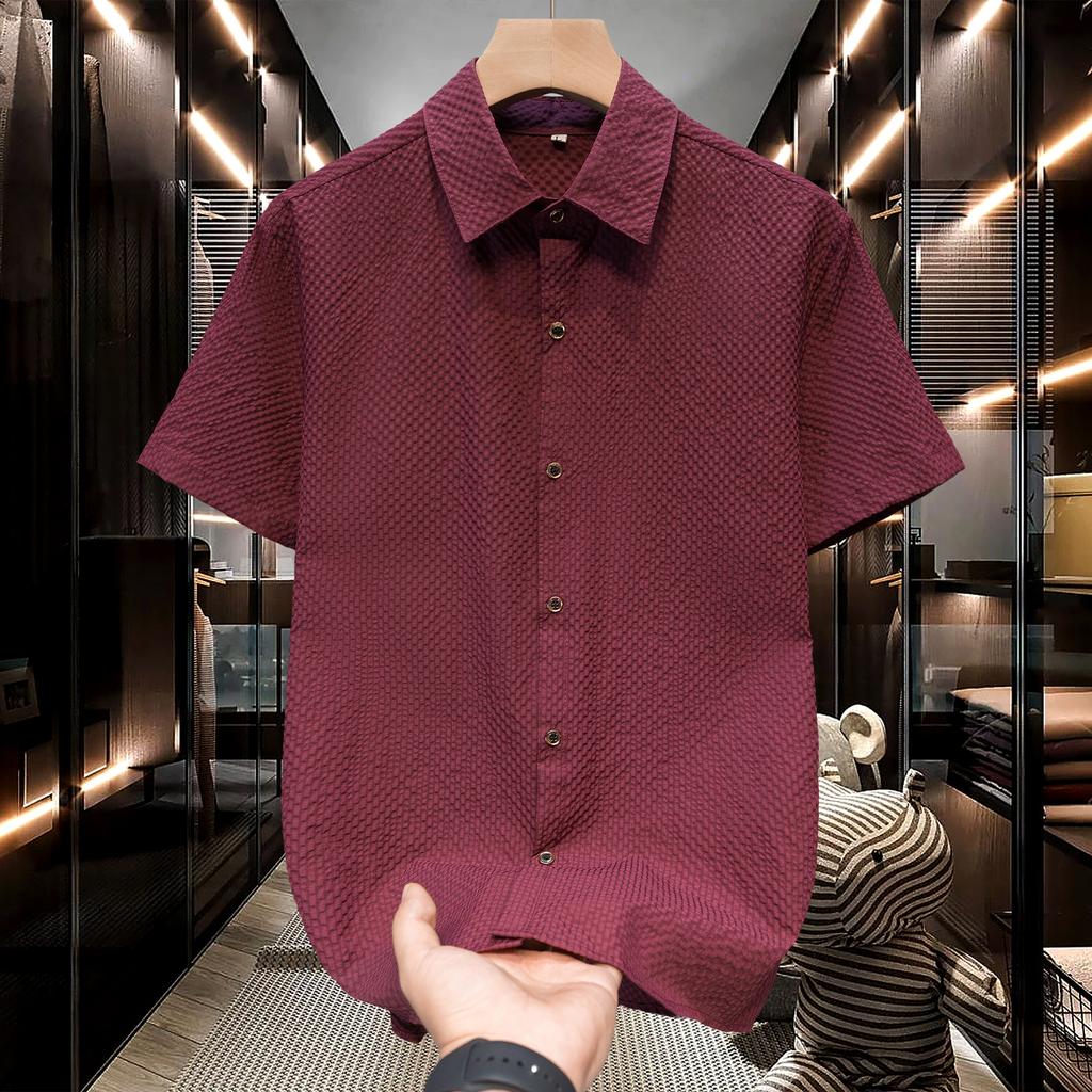 Summer Men's Shirt Short Sleeve Bubble Yarn Concave and Convex Texture Fabric Thin Quick Drying Flip Collar Short Sleeve Shirt