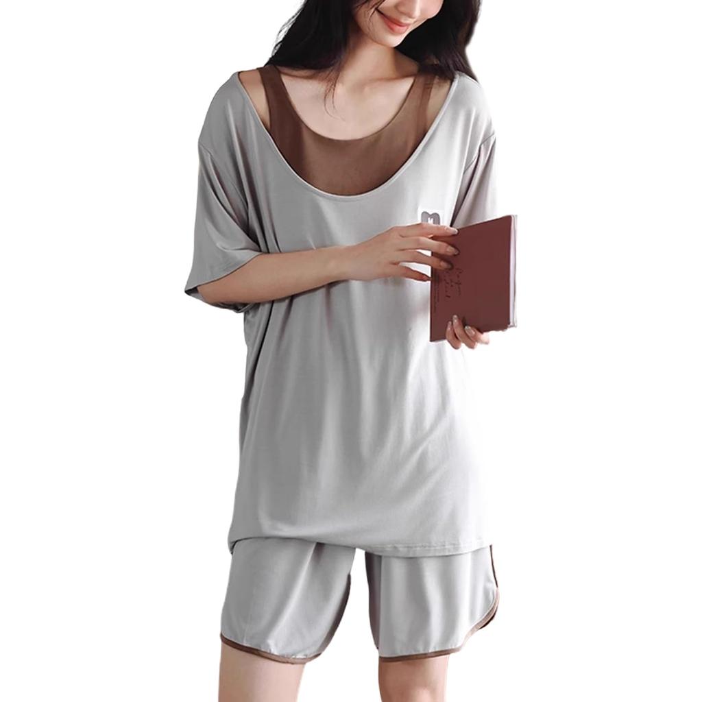AQRTPXU Pajama Set Sleeve Shirt Padded Top and Bottom Easy To Put On and Take Perfect for Outings and Summer Women's 2-Piece (Short + Shorts) Set,