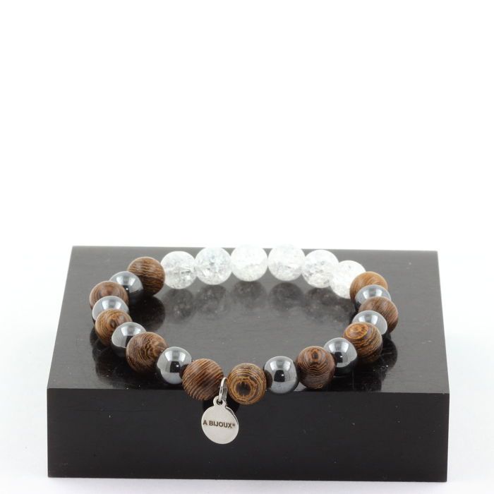 Stones and Minerals. Bracelet Beads Cracked Quartz from Brazil + Hematite + Wood 8 Mm. Made In France.