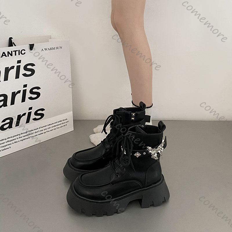 Comemore Sweet Cool Motorcycle Ankle Boots Thick Bottom Women's 2025 New Autumn Retro Short Botines Bow Buckle Shoes for Women