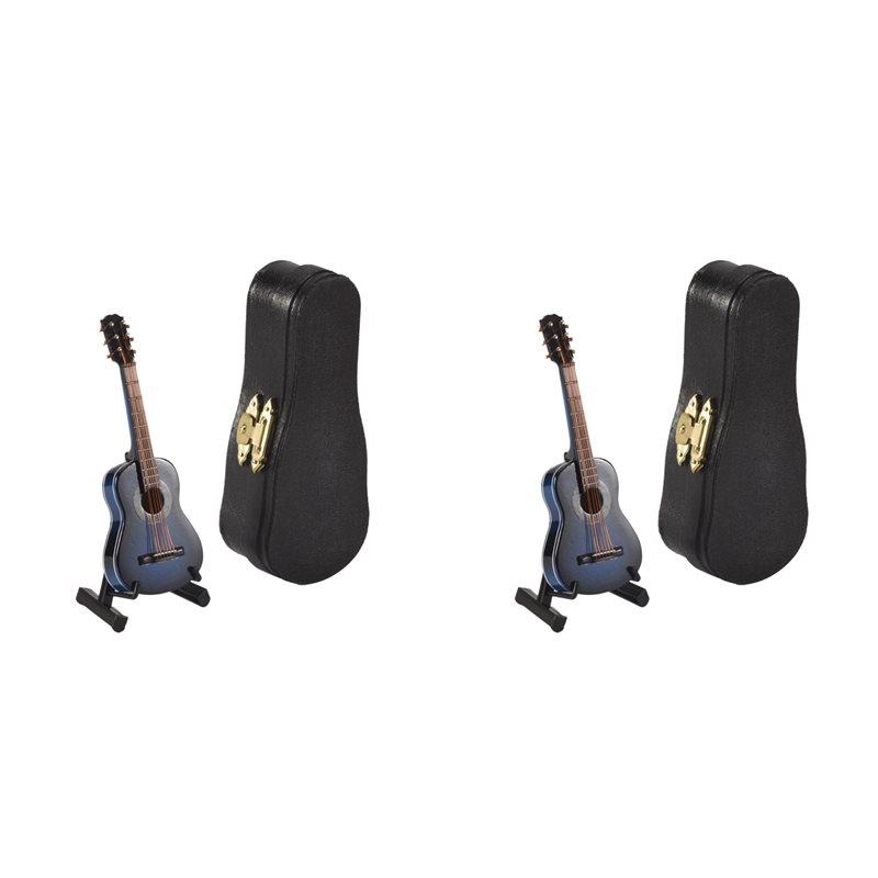 2X A-Wooden Miniature Guitar With Stand And Case Mini Musical Instrument Miniature House Model Home Decoration