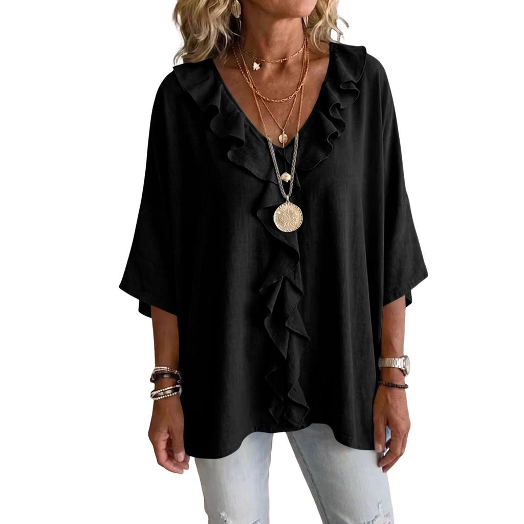 Blusa Casual de Manga Tres Cuartos con Volantes de Colores y Cuello en V para Mujer