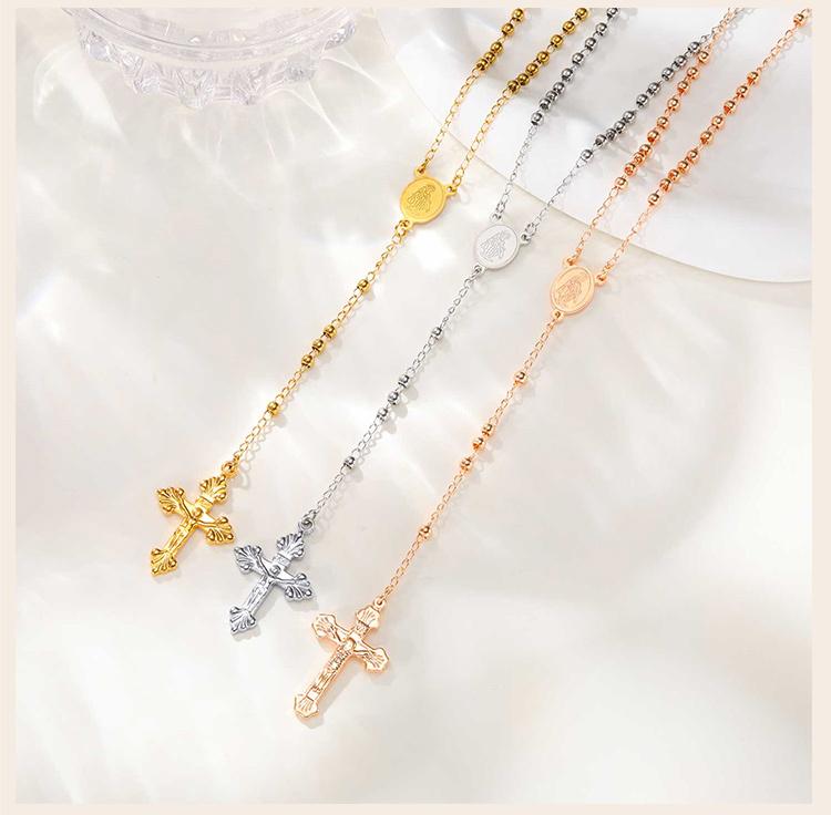 Rosary Beads Cross Necklace for Women, Stainless Steel Crucifix Virgin Mary Y Shape Necklaces Jewelry
